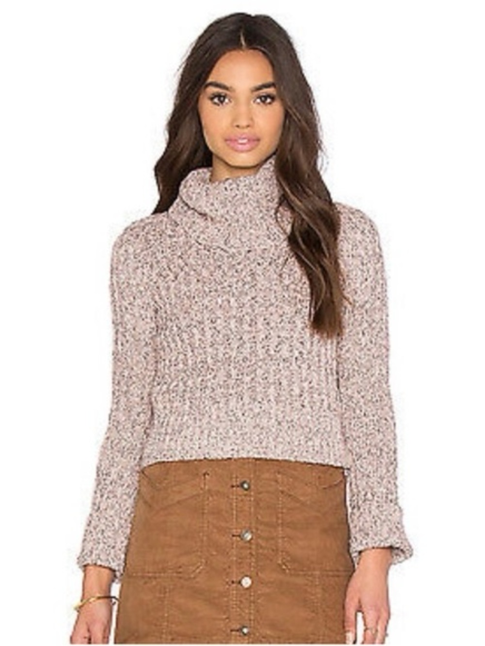 Free People Twisted Cable Cozy Pink Marled Turtleneck Sweater Ballet Combo Mef